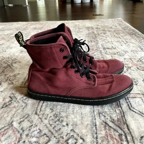 Dr. Martens Shoreditch Canvas Boots in Cherry Red Fabric Steampunk Boots SZ 8 - Picture 2 of 5